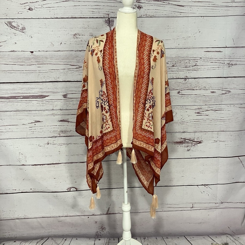 Vince Camuto Boho Kimono Cardigan Floral Tassel Open Front Womens Sz OS